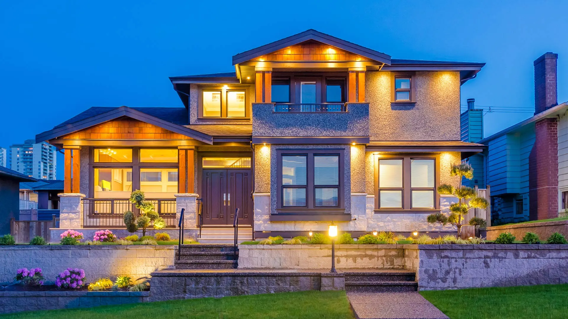 A beautiful home with outdoor lighting installed in Elkhorn, NE.
