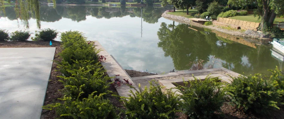 Shrubs planted in front of lake near Gretna, Nebraska.