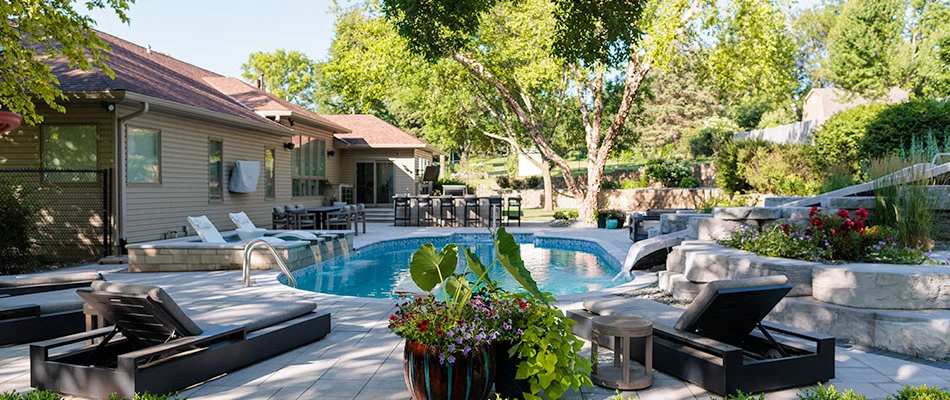 Landscaping installed around pool project in Gretna, NE.